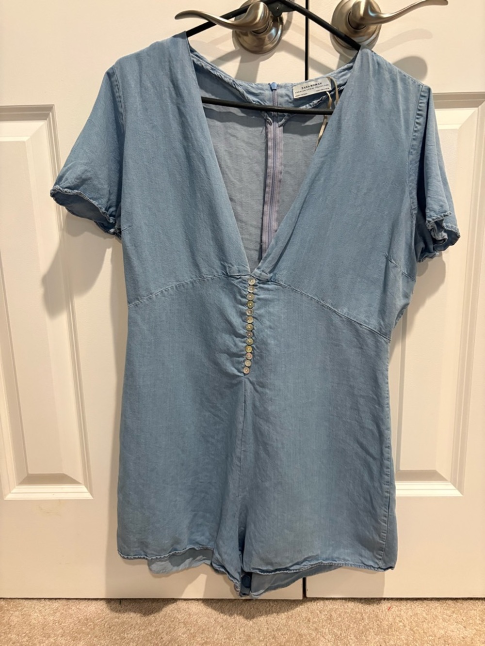 Zara Light Blue Short Sleeve Denim Romper - Picture 3 of 6